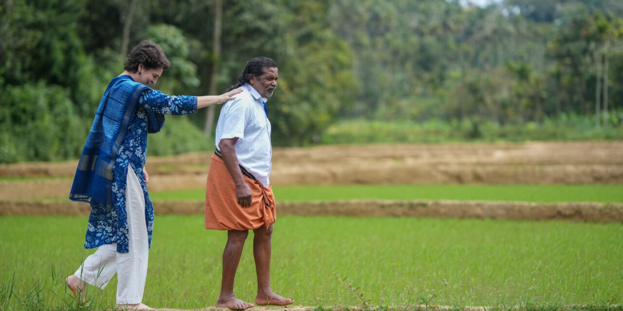 വയലിൽ നടന്നും പാട്ട് കേട്ടും ചെറുവയൽ രാമനൊപ്പം പ്രിയങ്ക ഗാന്ധി എം.പി.