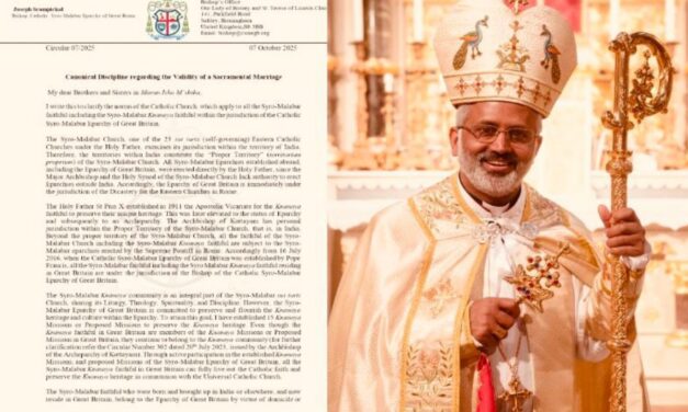 യുകെയിലെ കോട്ടയം അതിരൂപതാ ക്നാനായ സമുദായംഗത്തിന്റെ വിവാഹം മുടക്കിയ സംഭവം: സർക്കുലറുമായി ഗ്രേറ്റ് ബ്രിട്ടൻ സീറോമലബാർ രൂപത