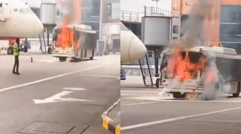 ഡൽഹി വിമാനത്താവളത്തിൽ ബസിനു തീപിടിച്ചു : വിമാനം മീറ്ററുകള്‍ മാത്രം അകലെ