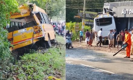 ശബരിമല തീർത്ഥാടകരുടെ വാഹനവും സ്കൂൾ ബസും കൂട്ടിയിടിച്ച് അപകടം; തീർത്ഥാടകരിൽ ഒരാൾ റോഡിലേക്ക് തെറിച്ച് വീണു :വിദ്യാർഥികൾക്ക് പരുക്ക്