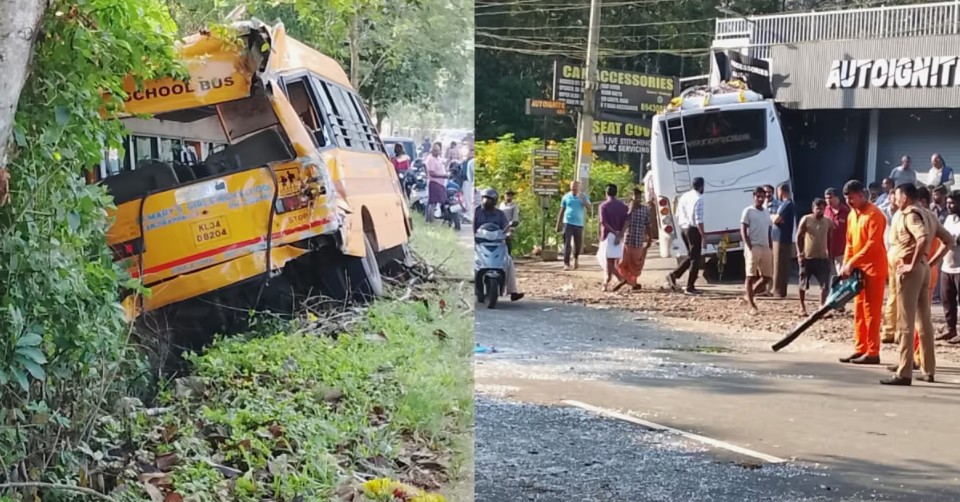 ശബരിമല തീർത്ഥാടകരുടെ വാഹനവും സ്കൂൾ ബസും കൂട്ടിയിടിച്ച് അപകടം; തീർത്ഥാടകരിൽ ഒരാൾ റോഡിലേക്ക് തെറിച്ച് വീണു :വിദ്യാർഥികൾക്ക് പരുക്ക്