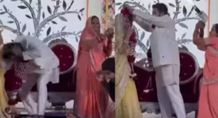 വധുവിന് മാല ചാർത്തുന്ന ചടങ്ങിനിടെ സ്പാർക്കിൾ ഗൺ പൊട്ടിച്ച്  വരന്റെ അമ്മൂമ്മ; ജീവനുംകൊണ്ടോടി അതിഥികൾ