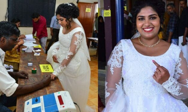 കെട്ടിനു മുമ്പൊരു വോട്ട്; വിവാഹത്തിന് മുമ്പ് വോട്ട് ഇടാൻ മണവാട്ടിയെത്തി വെഡ്‌ഡിങ് ഗൗണിൽ