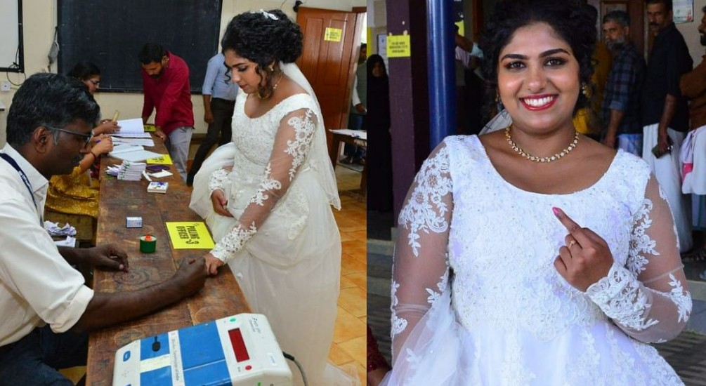 കെട്ടിനു മുമ്പൊരു വോട്ട്; വിവാഹത്തിന് മുമ്പ് വോട്ട് ഇടാൻ മണവാട്ടിയെത്തി വെഡ്‌ഡിങ് ഗൗണിൽ