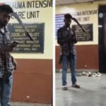 തലയിൽ തറച്ച വെട്ടുകത്തിയുമായി യുവാവ്;  വൈറൽ