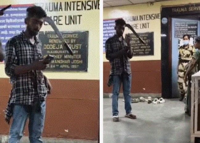 തലയിൽ തറച്ച വെട്ടുകത്തിയുമായി യുവാവ്;  വൈറൽ